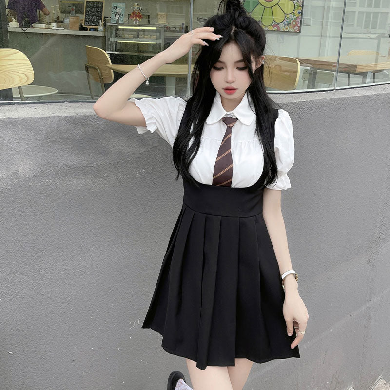 Kawaii Puff Sleeve T-Shirt Tie Pleated Suspender Skirt Set