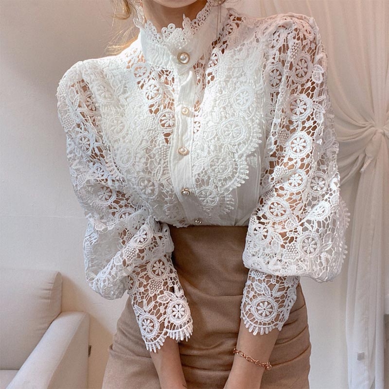 Elegant Pearl Hollow Out Lace Shirt