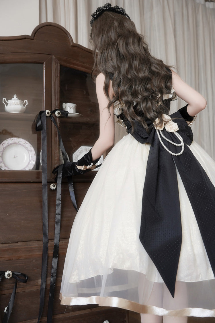 Black/White [Paris Souvenir] Sleeveless Ruffled Bow Lace-Up Fishbone Pearl-Decorated Classic Elegant Lolita Jsk Dress