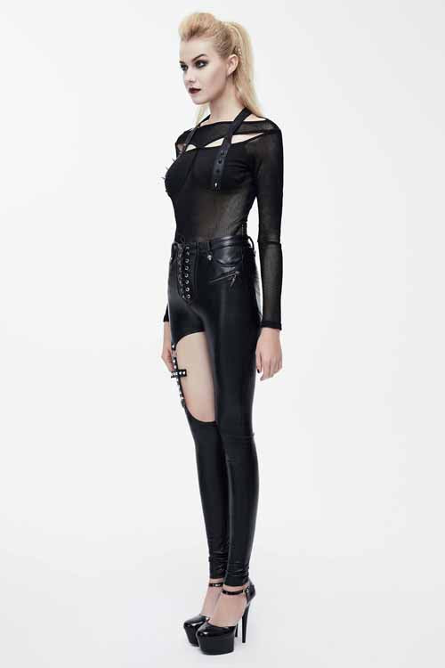 Women's Punk Pants with Hollow Out Cross Shaped Elastic Sexy Tight Leather Design