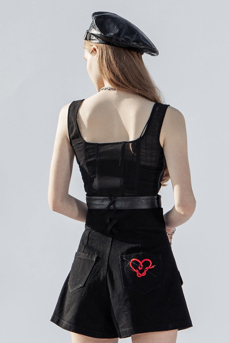 Noir Punk Waistcoat with Buckle Accents and Square Collar