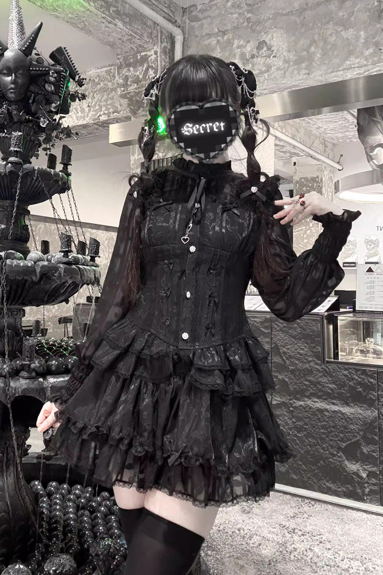 Triple-Layered Multi-Layered Jacquard Ruffled Lace-Up Gothic Jirai Kei Blouse and Pumpkin Shorts Set