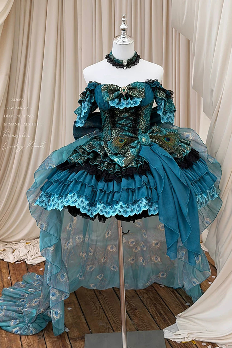 Blue/Green [Peacock Spirit Princess] Sleeveless Multi-Layered Ruffled Bow Lace-Up Classic Elegant Lolita Jsk Dress