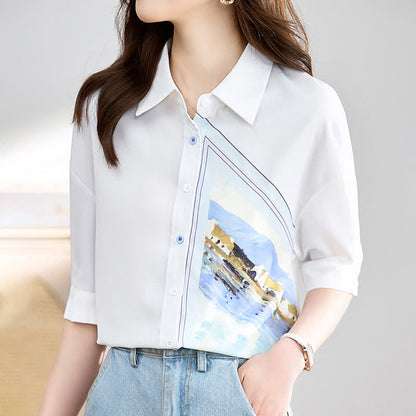 White Irregular Painting Print Chiffon Lapel Shirt