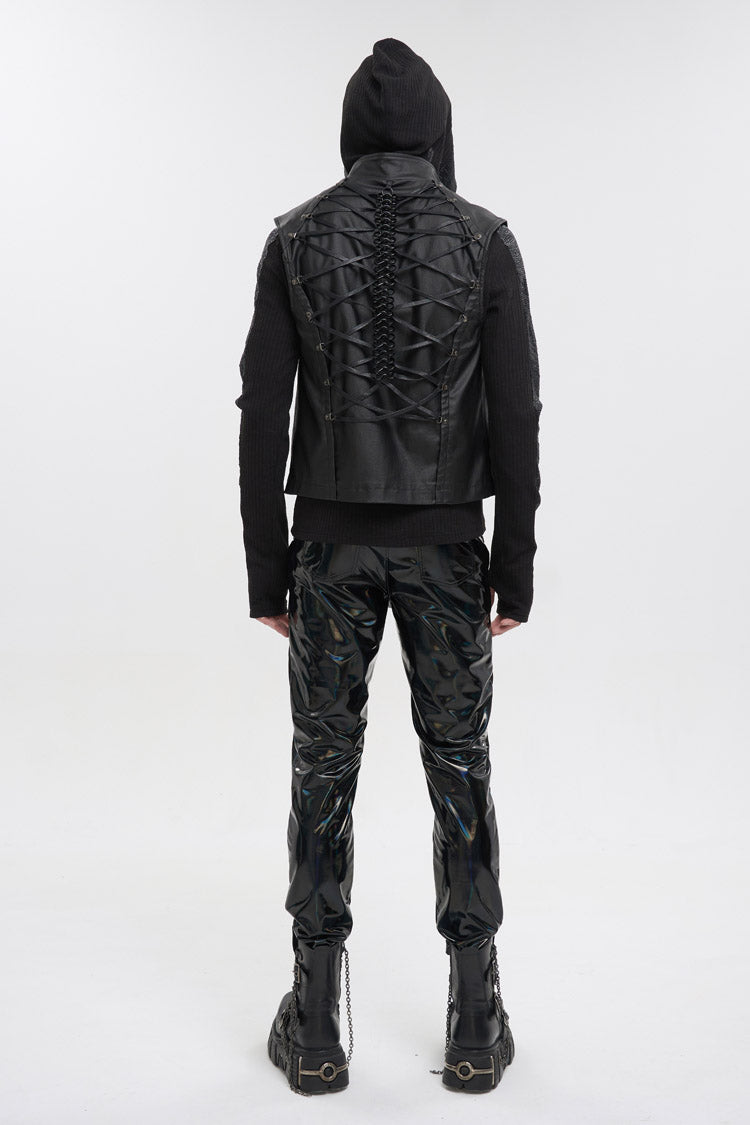 Men's Punk Vest in Black with Front & Rear String, Stretch Cotton & Stand Collar