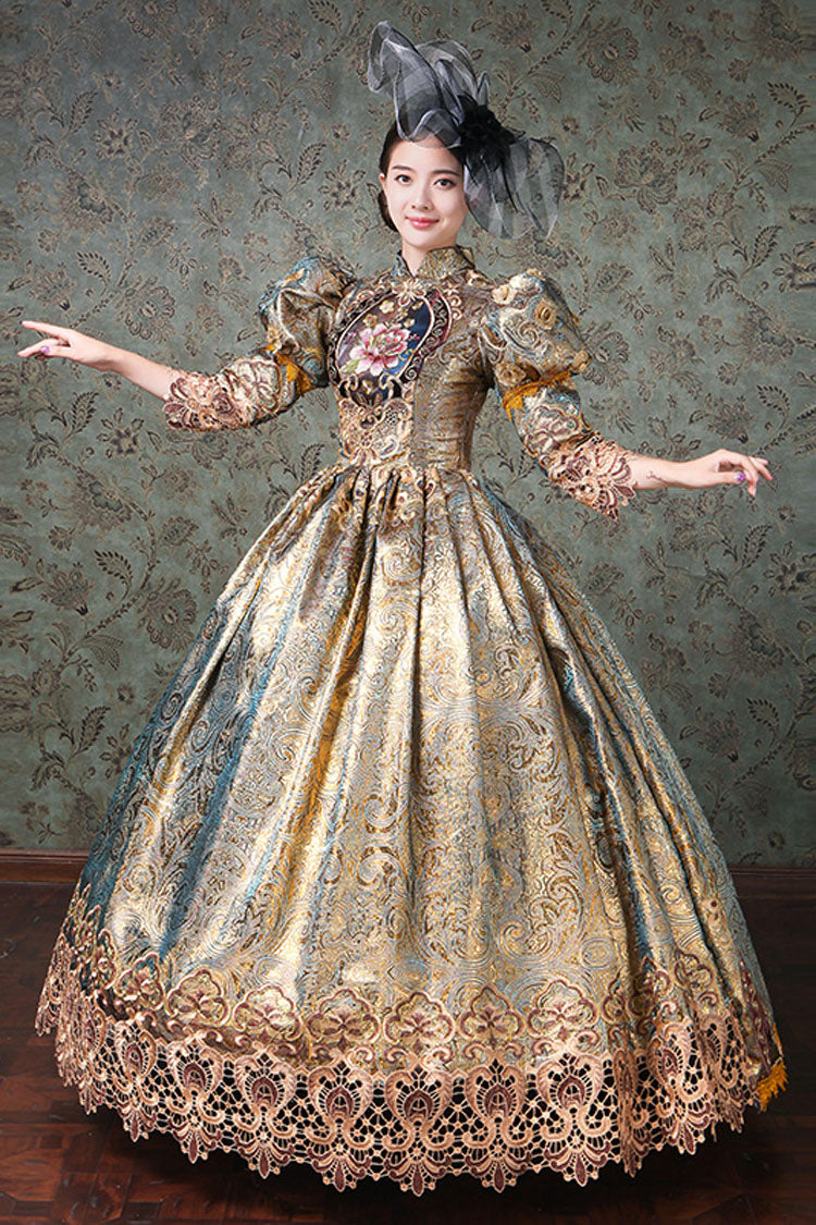 Champagne Hollow Floral Embroidery Victorian Gown - Half Sleeves
