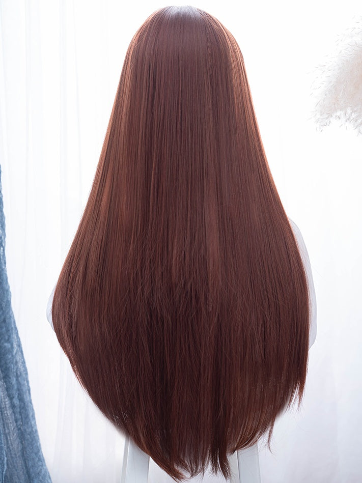 Reddish Brown Long Straight Synthetic Wig With Bangs