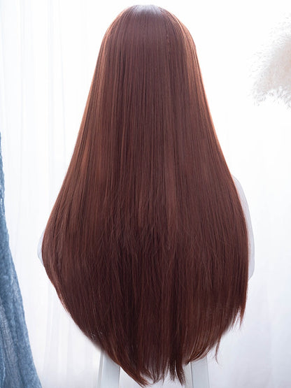 Reddish Brown Long Straight Synthetic Wig With Bangs