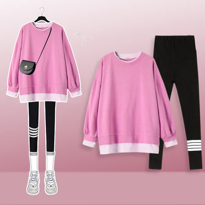 Casual Round Collar Sweatshirt Casual Leggings Set