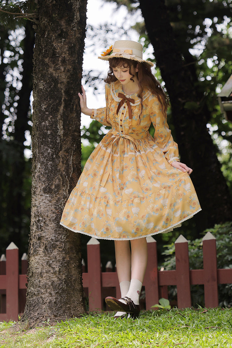 Sunflower Yellow Long Sleeve Floral Bow Elegant Lolita Dress