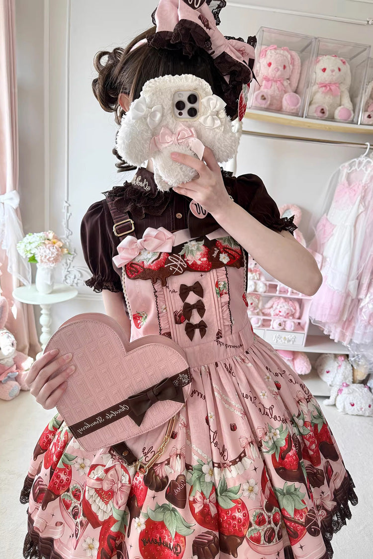 Sleeveless Printed Ruffled Embroidered Bow Lace Sweet Lolita Strap Dress - Strawberry Chocolate Lover