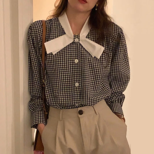 Lattice Print Bow Tie Puff Sleeve Shirt Workwear