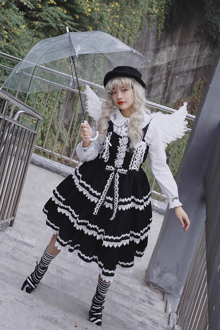 Black and White Three-Tiered Sweet Lolita Dress with Ribbon and Sleeveless