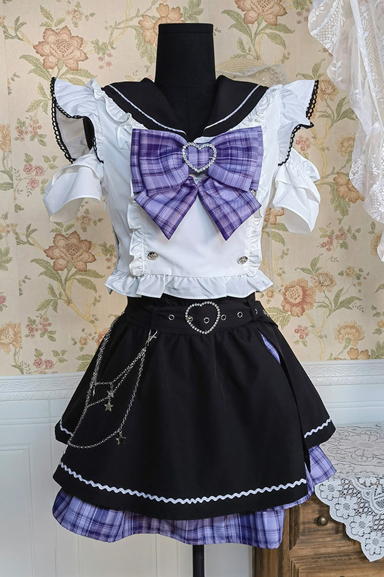 Monochrome Bow-Adorned Sweet Jirai Kei Skirt Set with Short Sleeves