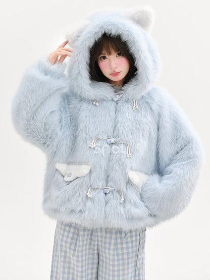 Blue Fluffy Cat Ears Hooded Faux Fur Coat Detachable Cat Plushie