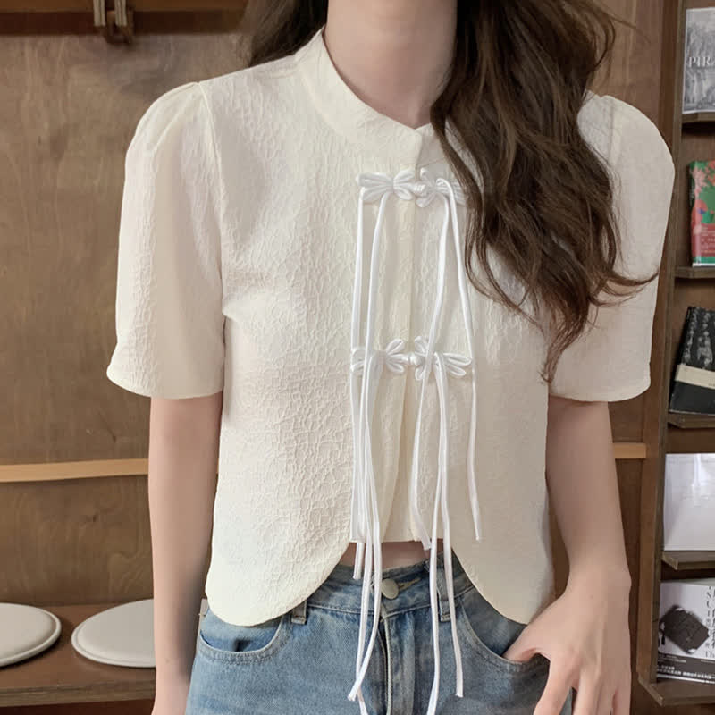 Elegant Buckle Puff Sleeve Loose T-Shirt