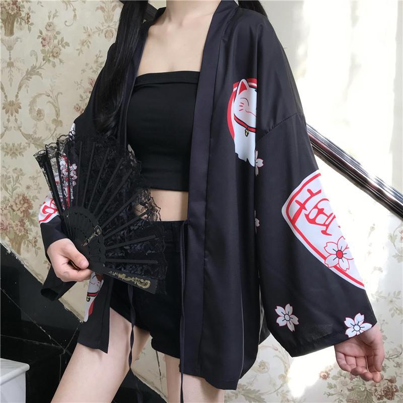 Charming Lucky Cat Sakura Print Loose Outerwear Kimono