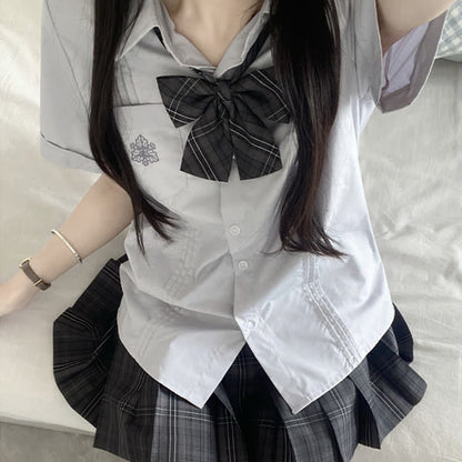 Embroidered Pocket Bow Tie Polo T-Shirt Plaid Pleated Skirt Uniform Set