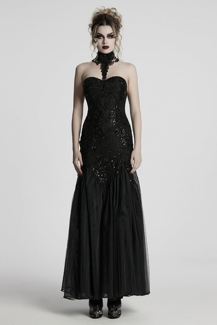Black Off-Shoulder Embroidered Lace Slim Gothic Fishtail Gown