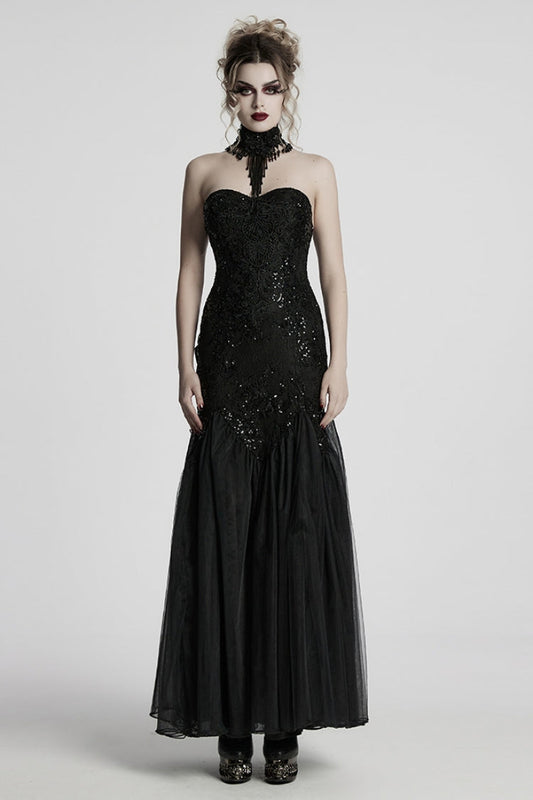 Black Off-Shoulder Embroidered Lace Slim Gothic Fishtail Gown