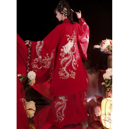 Red Phoenix Embroidery Tank Top Big Sleeve Cardigan Shirt Skirt Hanfu Set