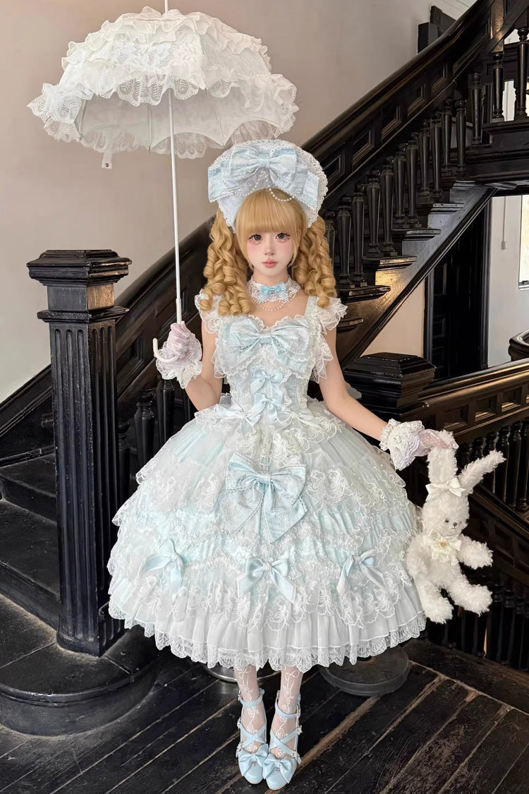 Blue Ruffled Hanayome Bow Lace Sweet Princess Lolita Jsk Dress - Sakura Dream Romance