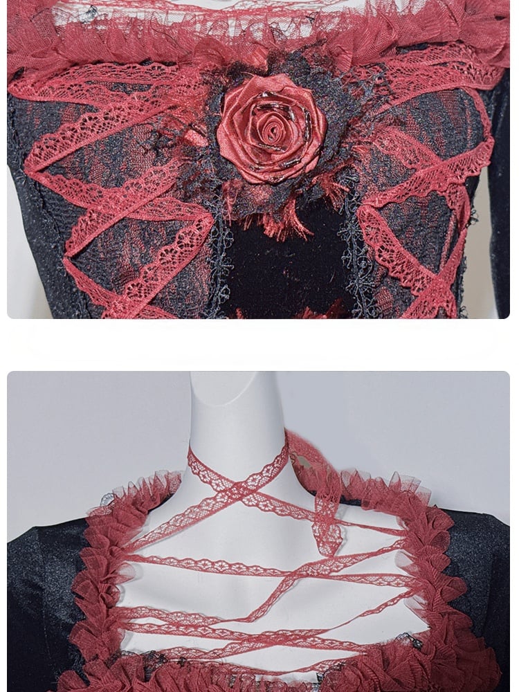 Gothic Black and Red Lace Rosette Top