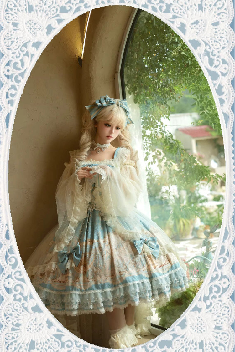 Unicorn Print Sleeveless Multi-Layer Embroidery Bow Lace Sweet Lolita Jumper Gown
