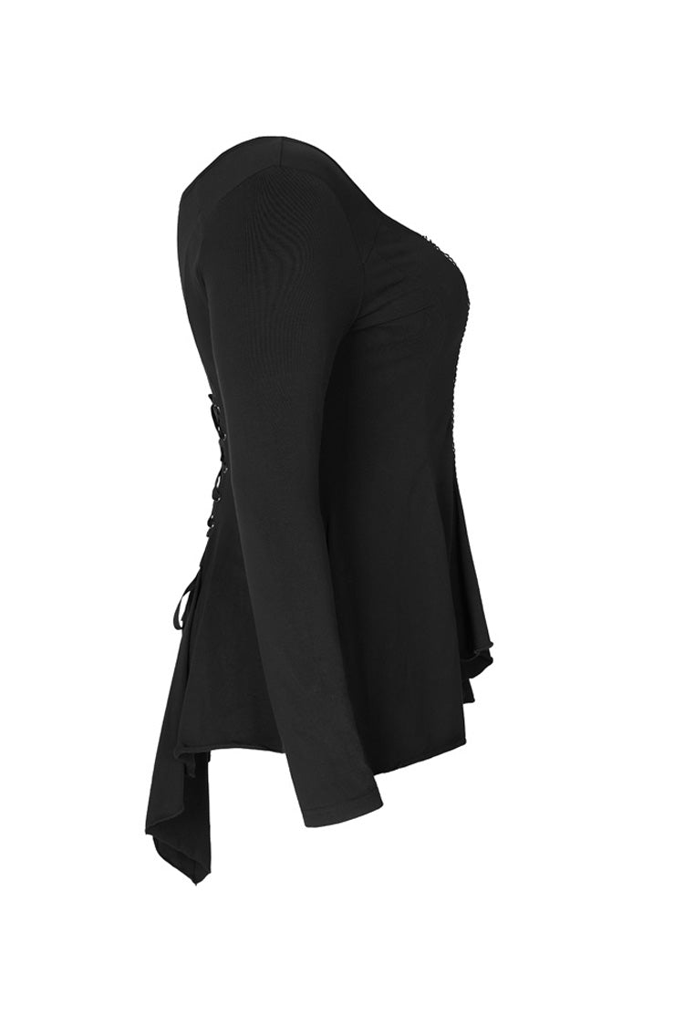 Plus Size Gothic Tee with Round Collar & Back Lace-Up Frill