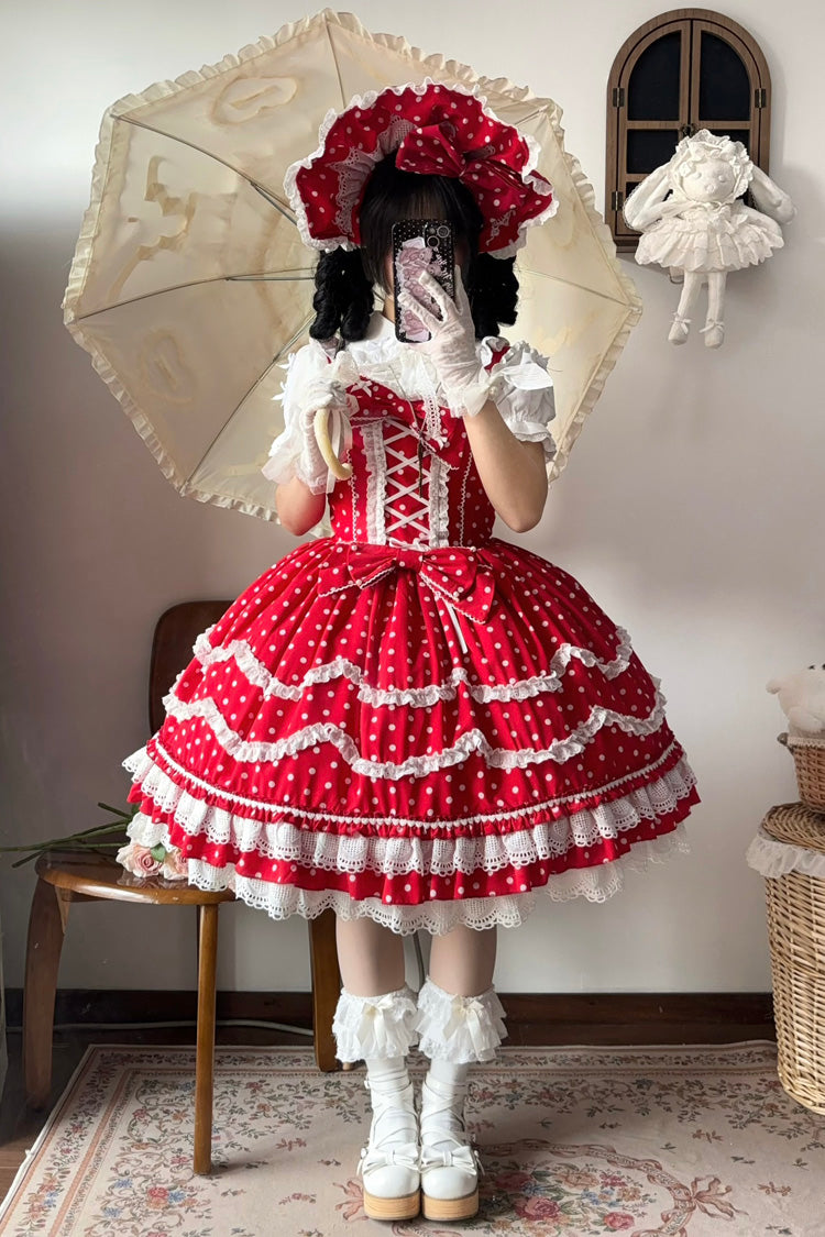 Red Polka Dot Floral Ruffle Lace Up Sweet Lolita Dress