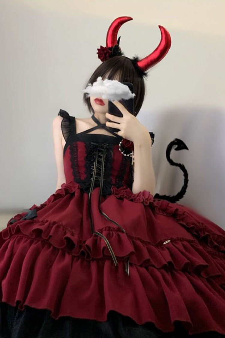 Crimson Seven Deadly Sins Wrath Double-Layer Ruffled Stitch Lace Gothic Lolita JSK