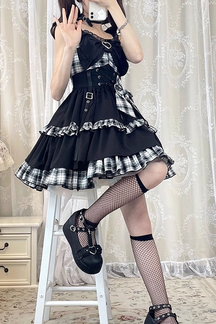 Monochrome Gothic JSK with Plaid, Leather Buckle, and Contrast Ruffles