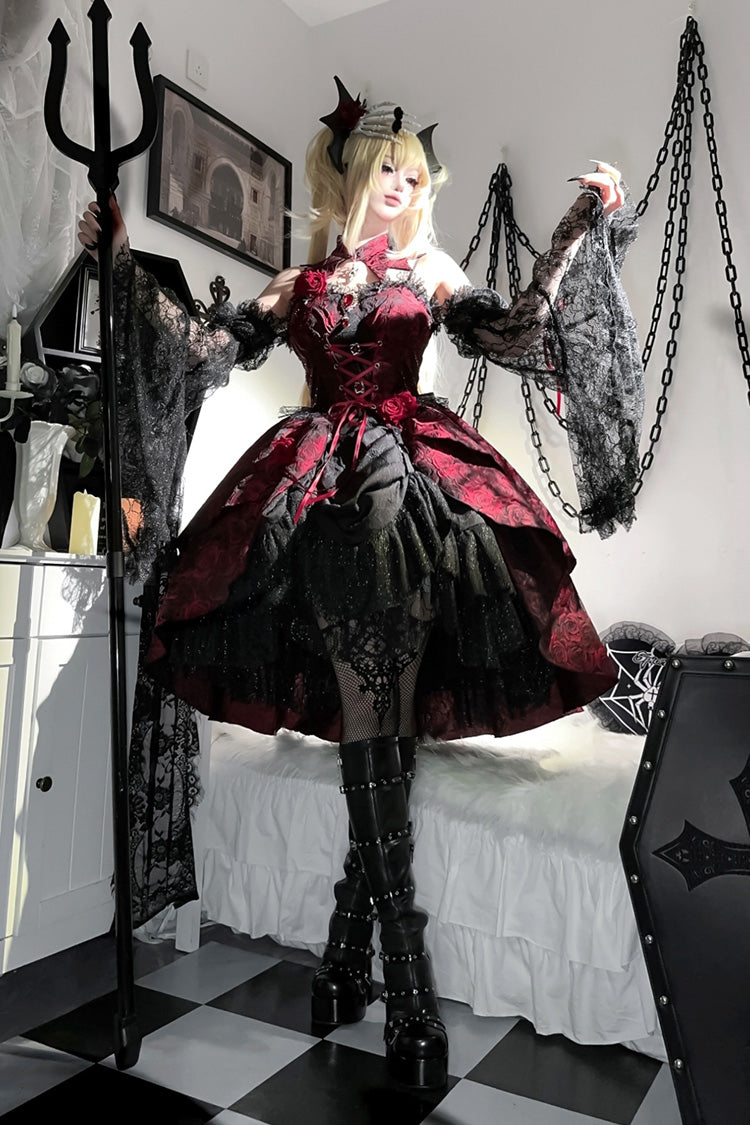Black and Red Jacquard Print Gothic Lolita Dress with Lace-Up