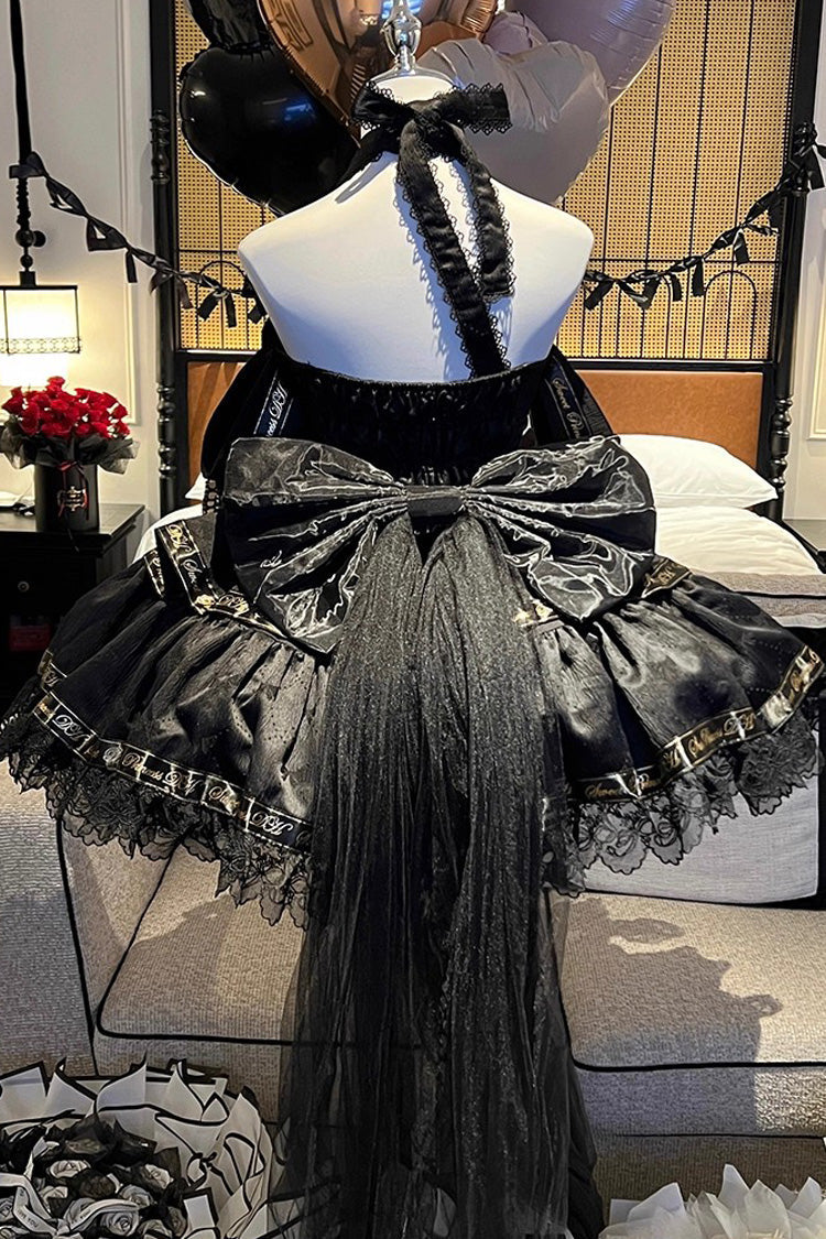 Noir Halter Neck Layered Ruffle Bow Princess Gothic Dress - Young Lady
