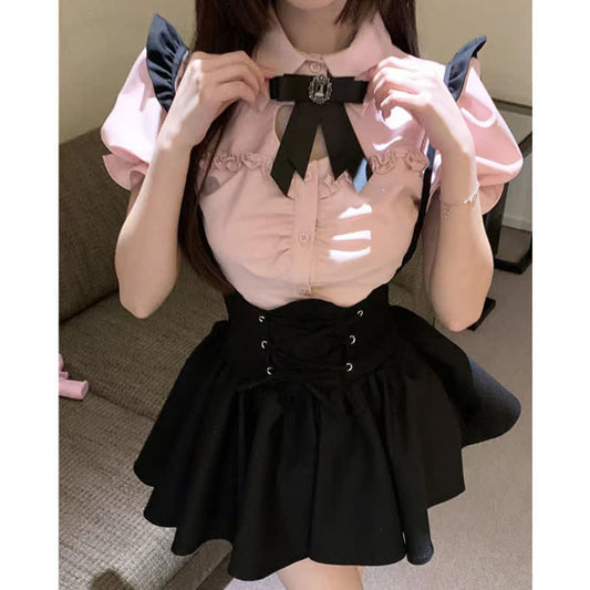 Pink Love Heart Hollow Out Bowknot T-Shirt Lace up Suspender Dress