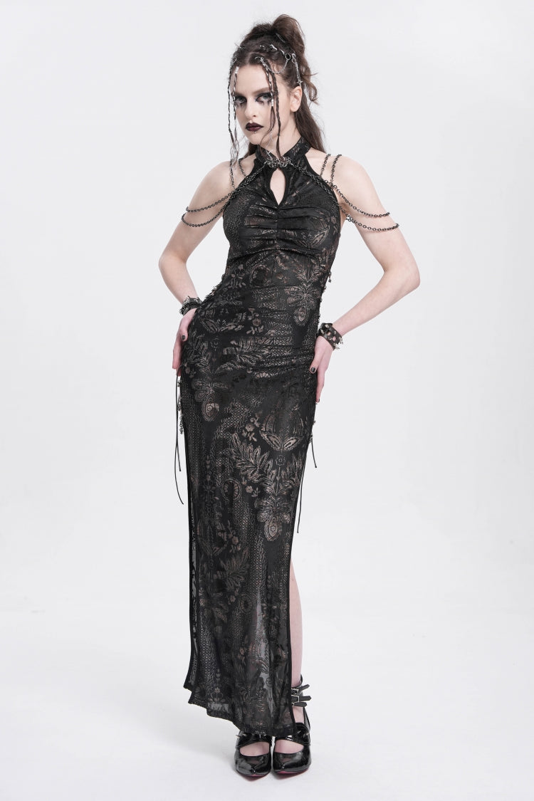 Jet Off-Shoulder Halterneck Sleeveless Side Slit Gothic Dress