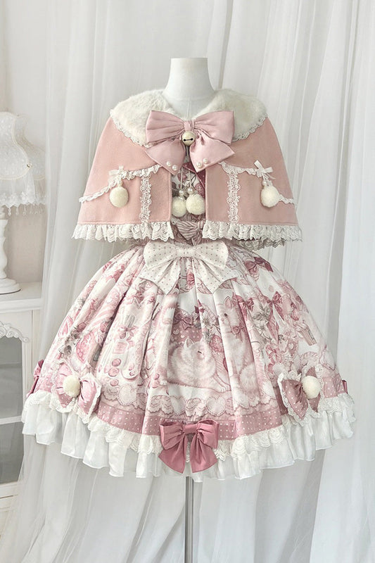 Pink Princess Dessert Cat Print Bow Lace Lolita Dress Set
