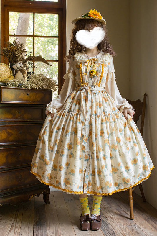 Apricot Sunflower Sleeveless Floral Bow Elegant Jsk Dress
