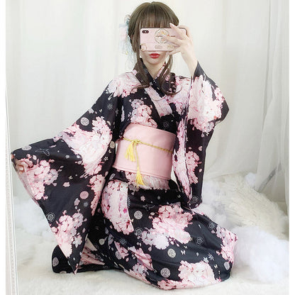 Vintage Cat Sakura Print Kimono Dress