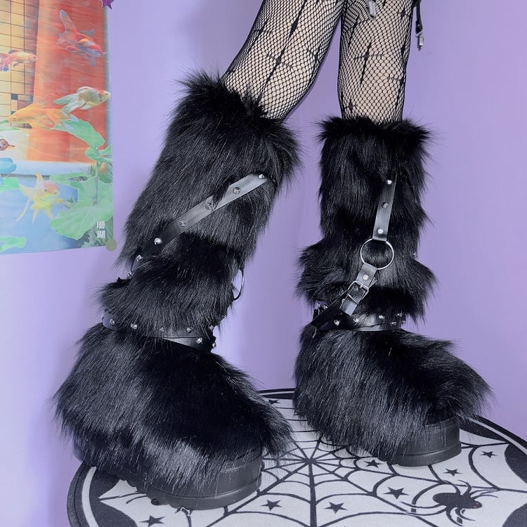 Yellow White Gray Strap Shaggy LegWarmers