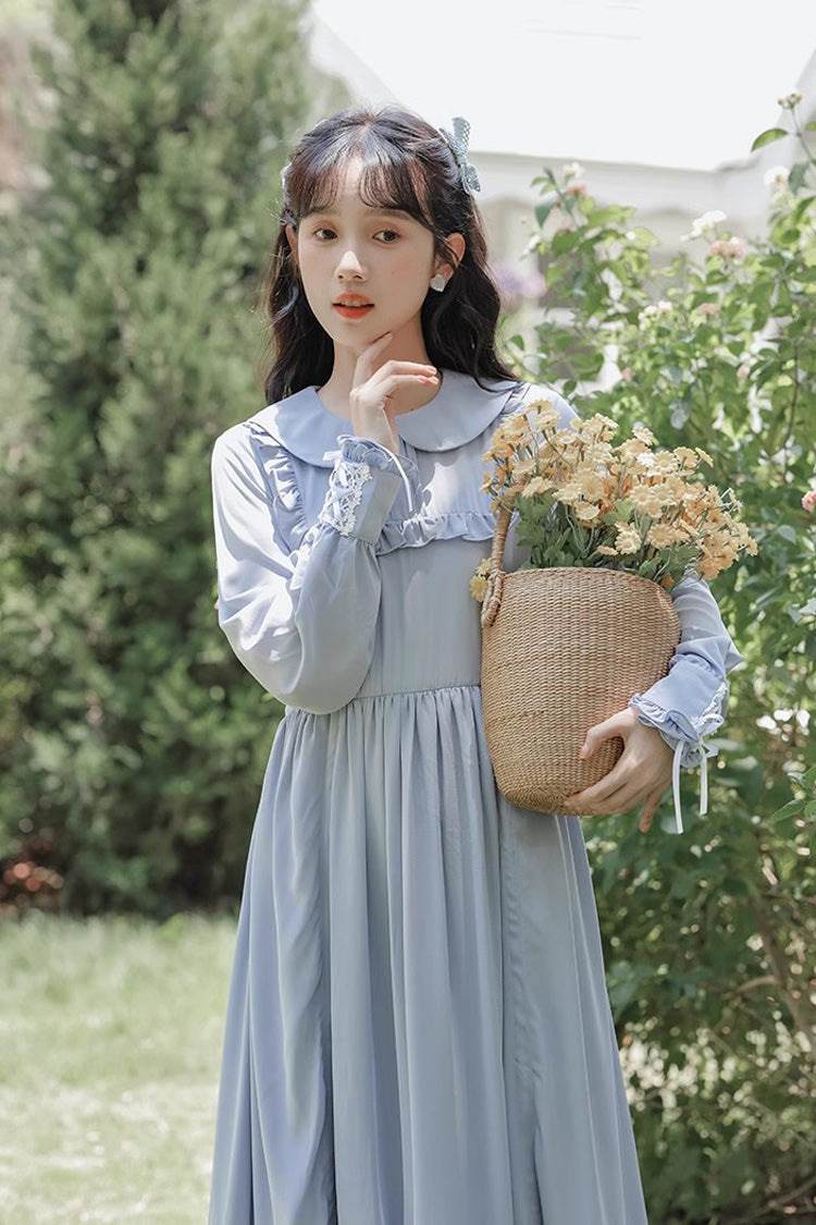 Blue Doll Collar Dress with Ruffled Sleeves - Sweet