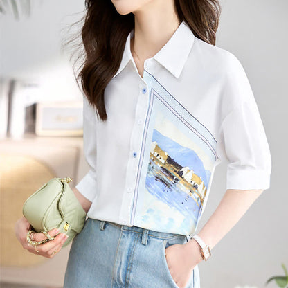 White Irregular Painting Print Chiffon Lapel Shirt