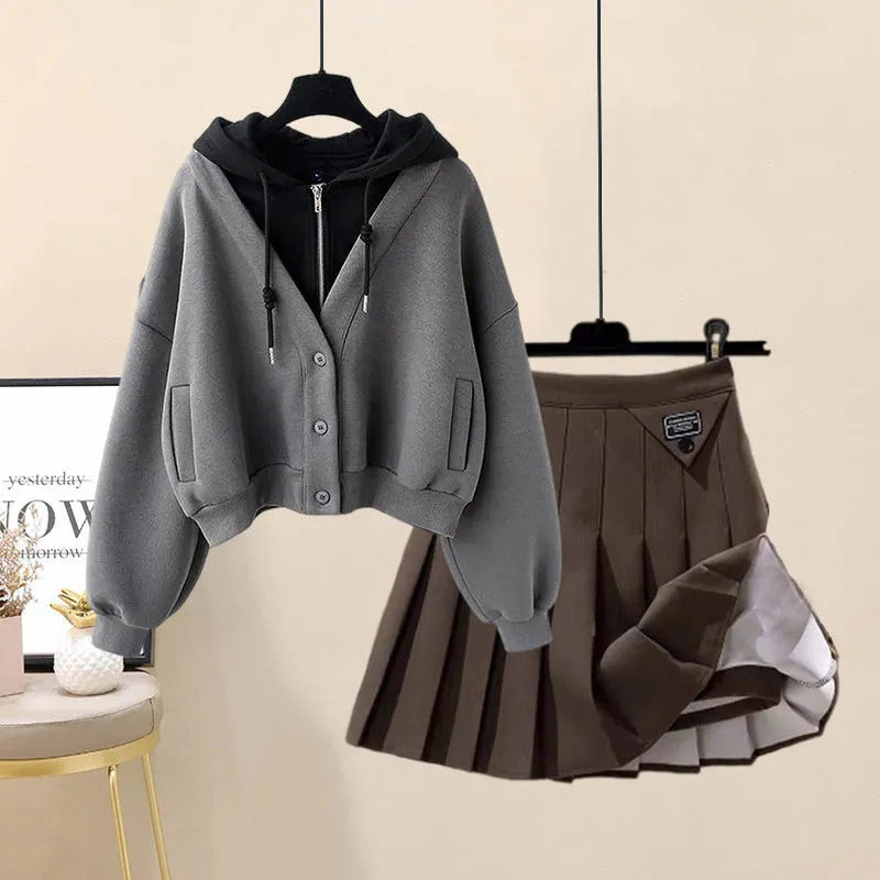 Casual Pocket Hoodie Pleated Skirt Set