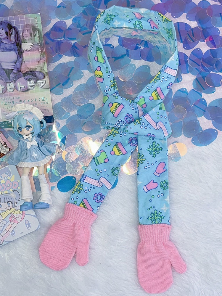 Y2K Blue Fairy Kei Cartoon Gloves-shaped Scarf