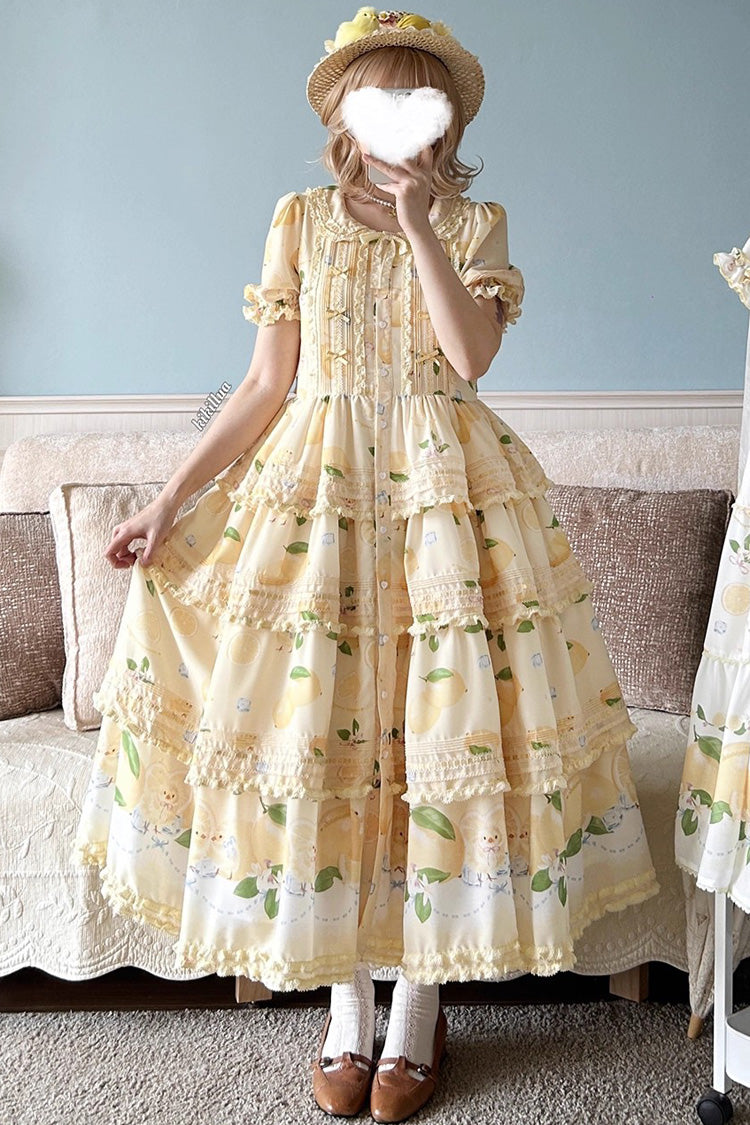 Triple-Layered Print Ruffled Bow Lace Sweet Gorgeous Lolita Dress - Yellow Lemon Chicken