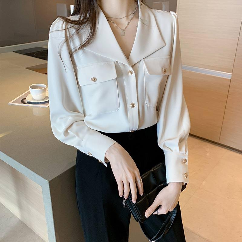 White Casual Lapel Neck Pocket Shirt