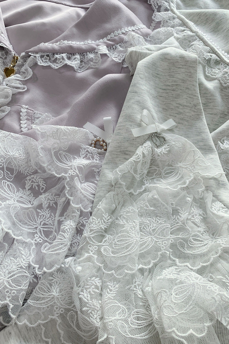 Grey Long Sleeve Ruffled Lace Hooded Jirai Kei Skirt Set