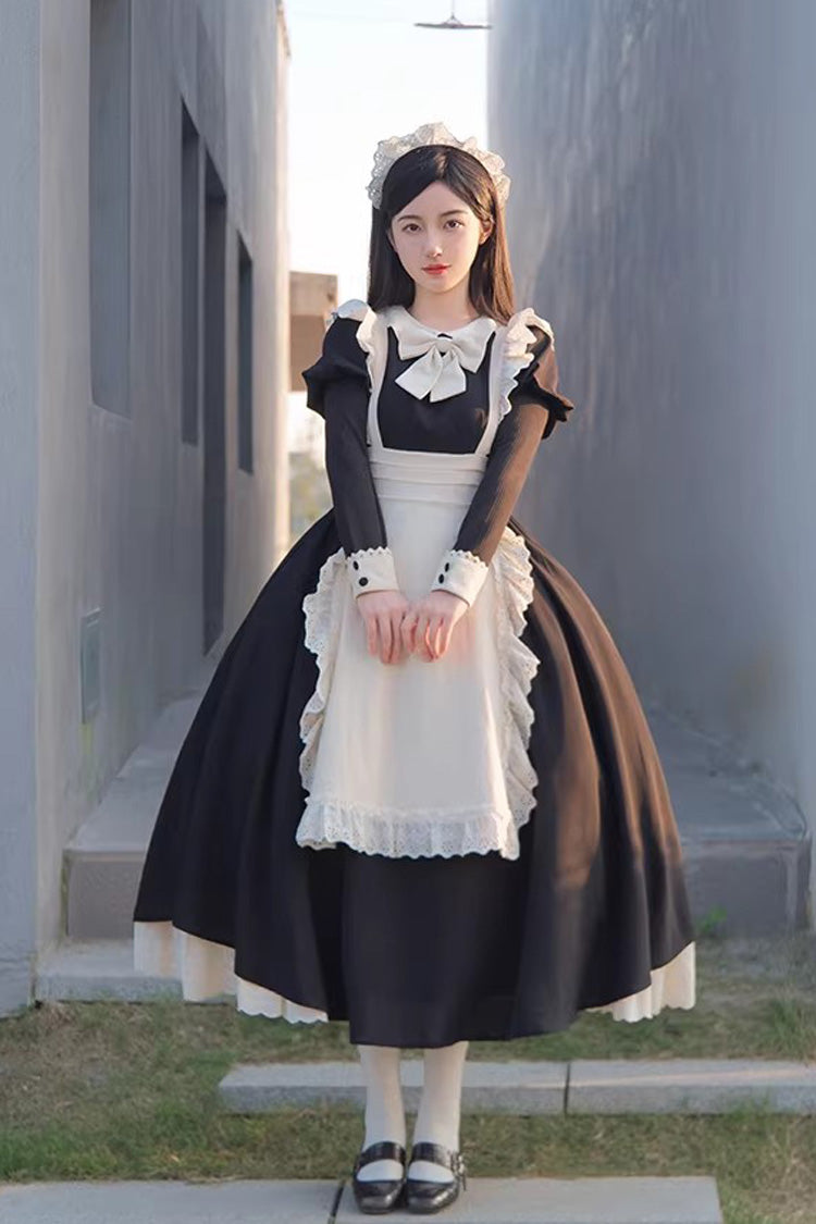Monochrome Sweet Maid Dress with Ruffled Bow and Round Collar - Two Lengths
