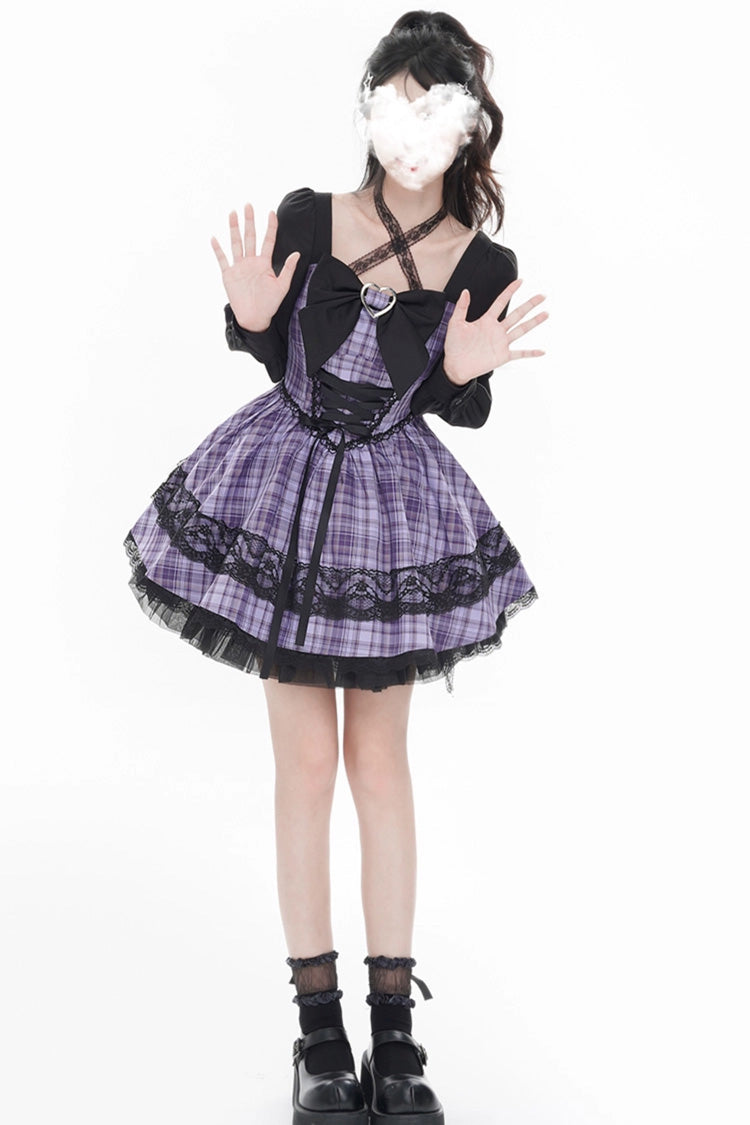 Purple Witch Time Long Sleeves Plaid Print Bow Lace Sweet Dress