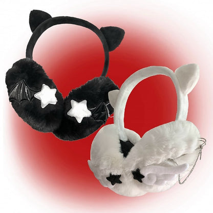 Black White Y2K Cat Ear Star Wing Plush Earmuffs